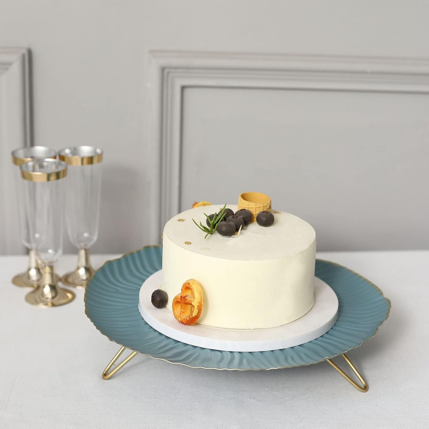 Efavormart – Bandeja de metal para servir postres de 12 pulgadas, color azul polvoriento, con patas onduladas, pedestal para tartas de boda,