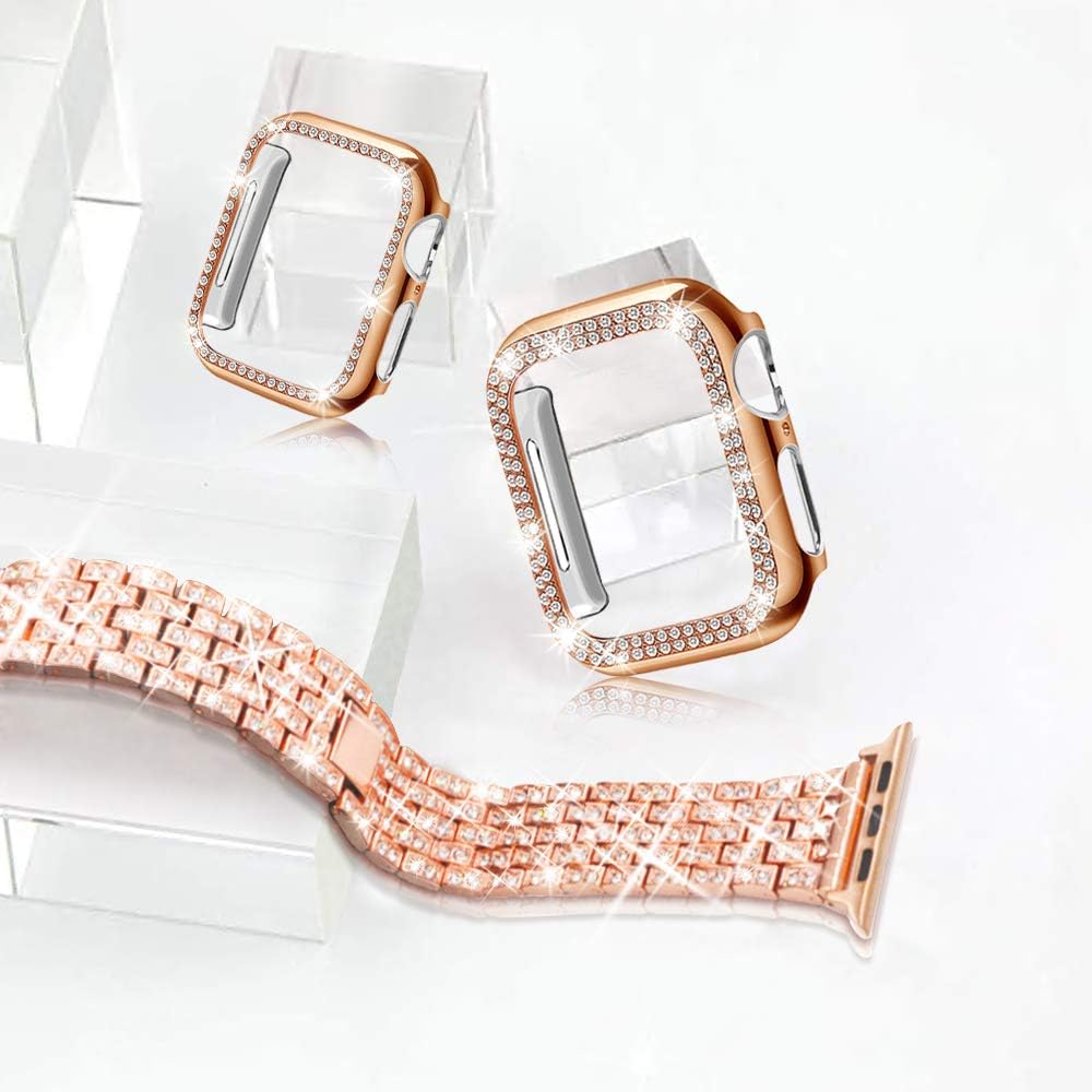 Correa de reloj compatible con Apple Watch Band de 38 mm, con cubierta protectora con diamantes de imitación, con funda protectora para iWatch
