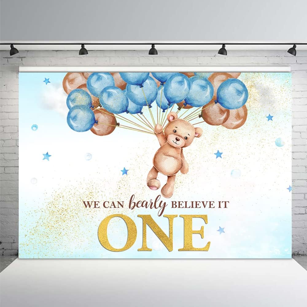 MEHOFOND Telón de fondo de oso de primer cumpleaños para niños, con texto en inglés We Can Bearly Believe It One Happy First Birthday, decoración de
