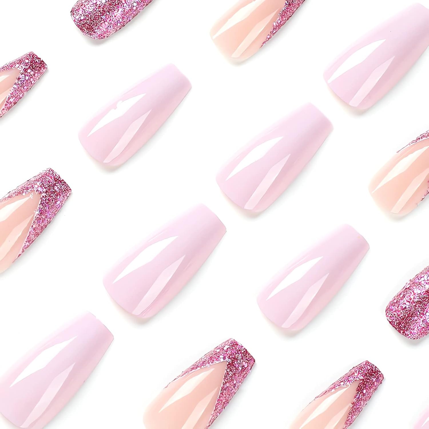 IMSOHOT Uñas postizas largas a presión, estilo ataúd, francesas, con purpurina, uñas postizas brillantes de cobertura completa, uñas acrílicas