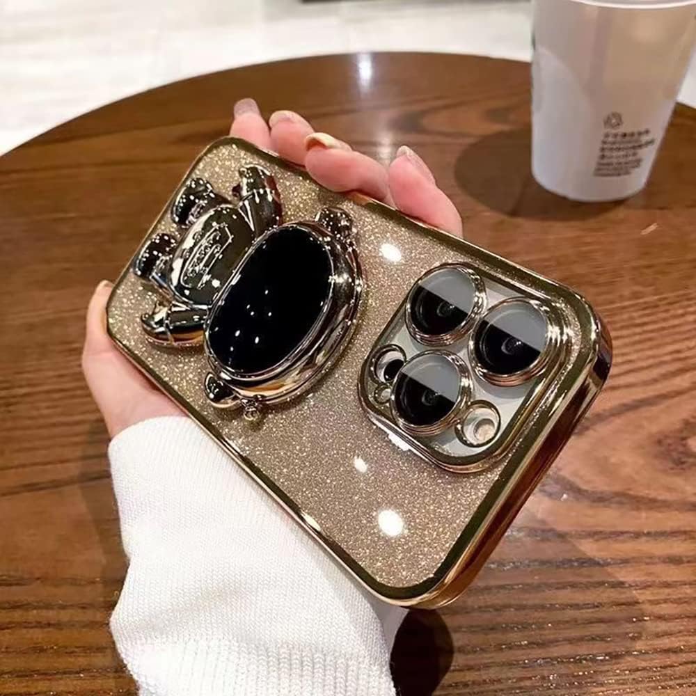 Roemary Funda con soporte oculto de astronauta para iPhone 15 Pro Max, para iPhone 15 Pro Max, funda dorada, soporte plegable de astronauta con
