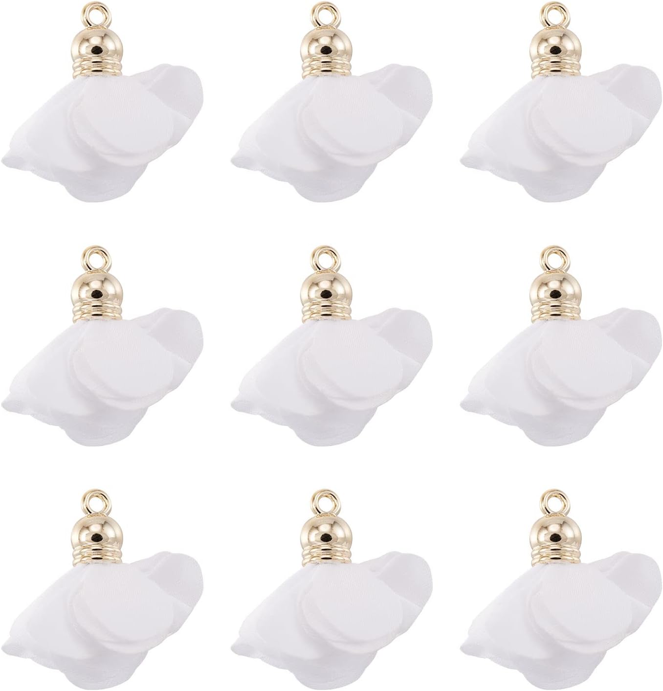 Cheriswelry 50 colgantes de tela de tela de flores de tela blanca con pétalos florales con tapa dorada en forma de campana para manualidades,