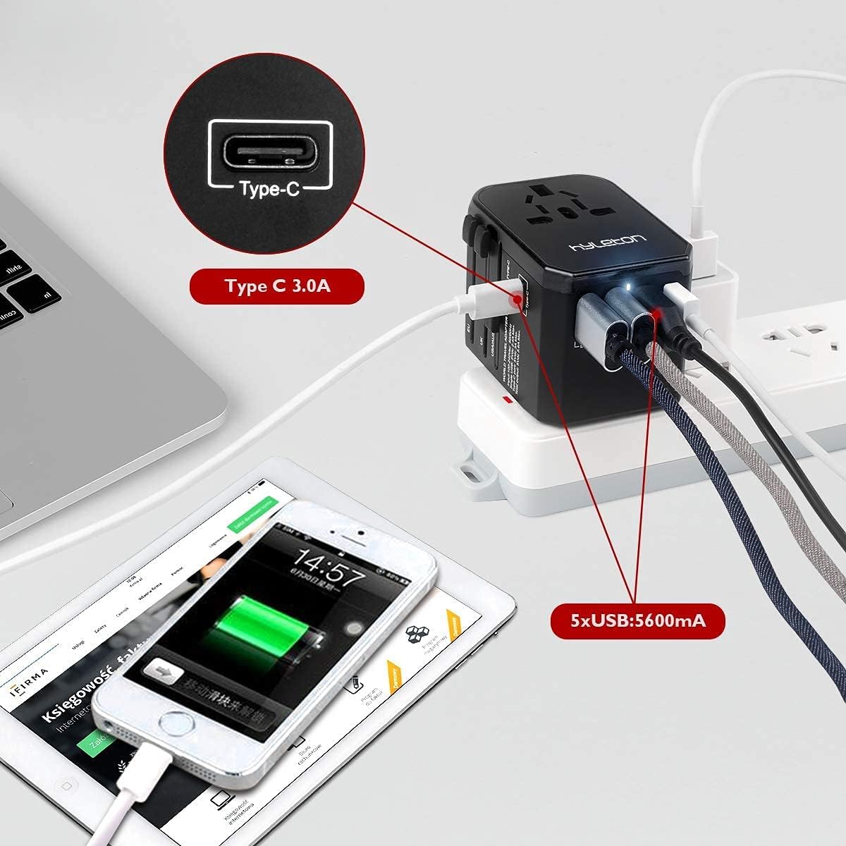 Adaptador de viaje universal, adaptador de corriente internacional de carga rápida hyleton con 4 puertos USB y 1 tipo C, adaptador de enchufe de