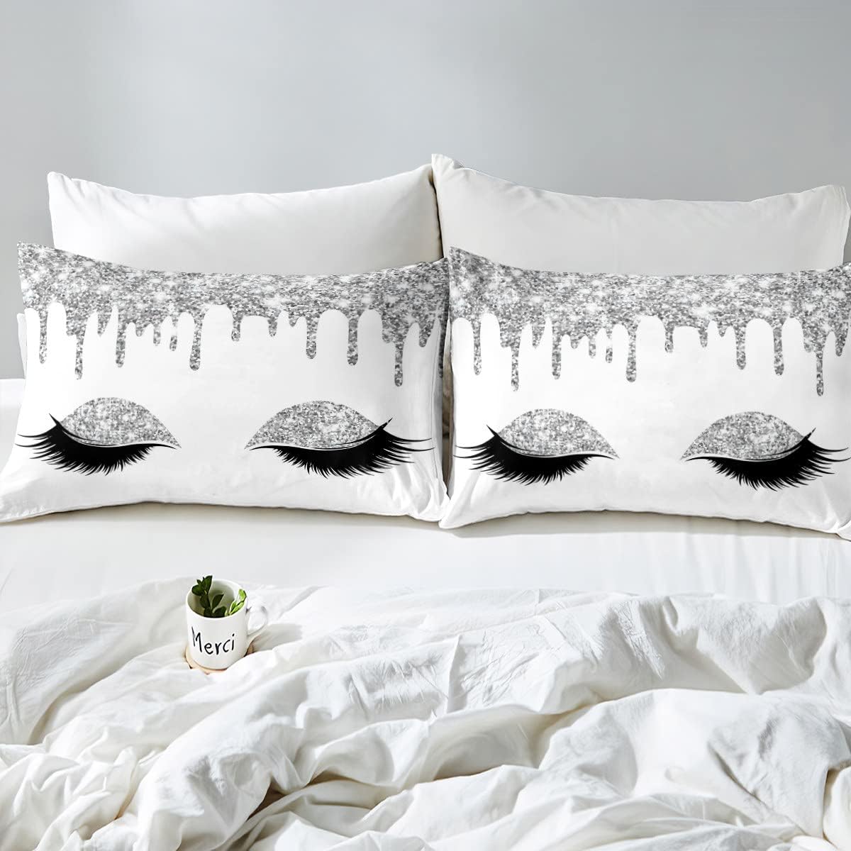 Feelyou Juego de ropa de cama de lujo para niñas, funda de edredón blanca con diseño de princesa femenina, funda de edredón brillante con hadas,