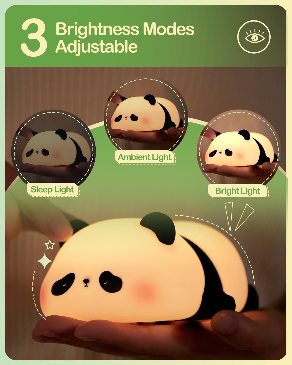 Linda luz nocturna de panda, lámpara LED de noche de animales, de silicona de grado alimenticio, 3 niveles regulables, luz nocturna para lactancia