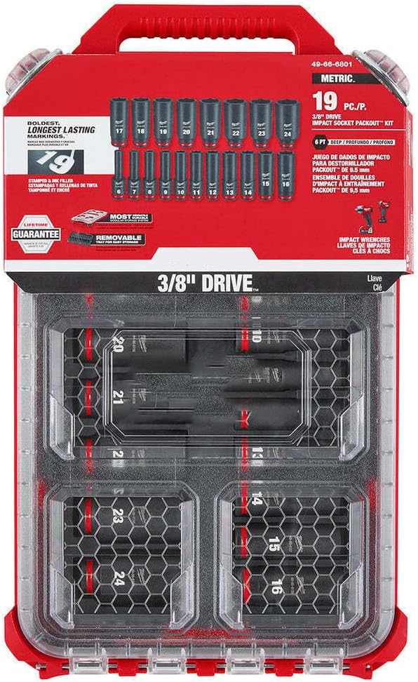 Compatible con Milwaukee 49-66-6801 Shock Wave 38″ Impact Duty Socket MM Packout Set – 19 PC, Dimensiones (LxWxH) (in) 16.2 x 9.8 x 2.5