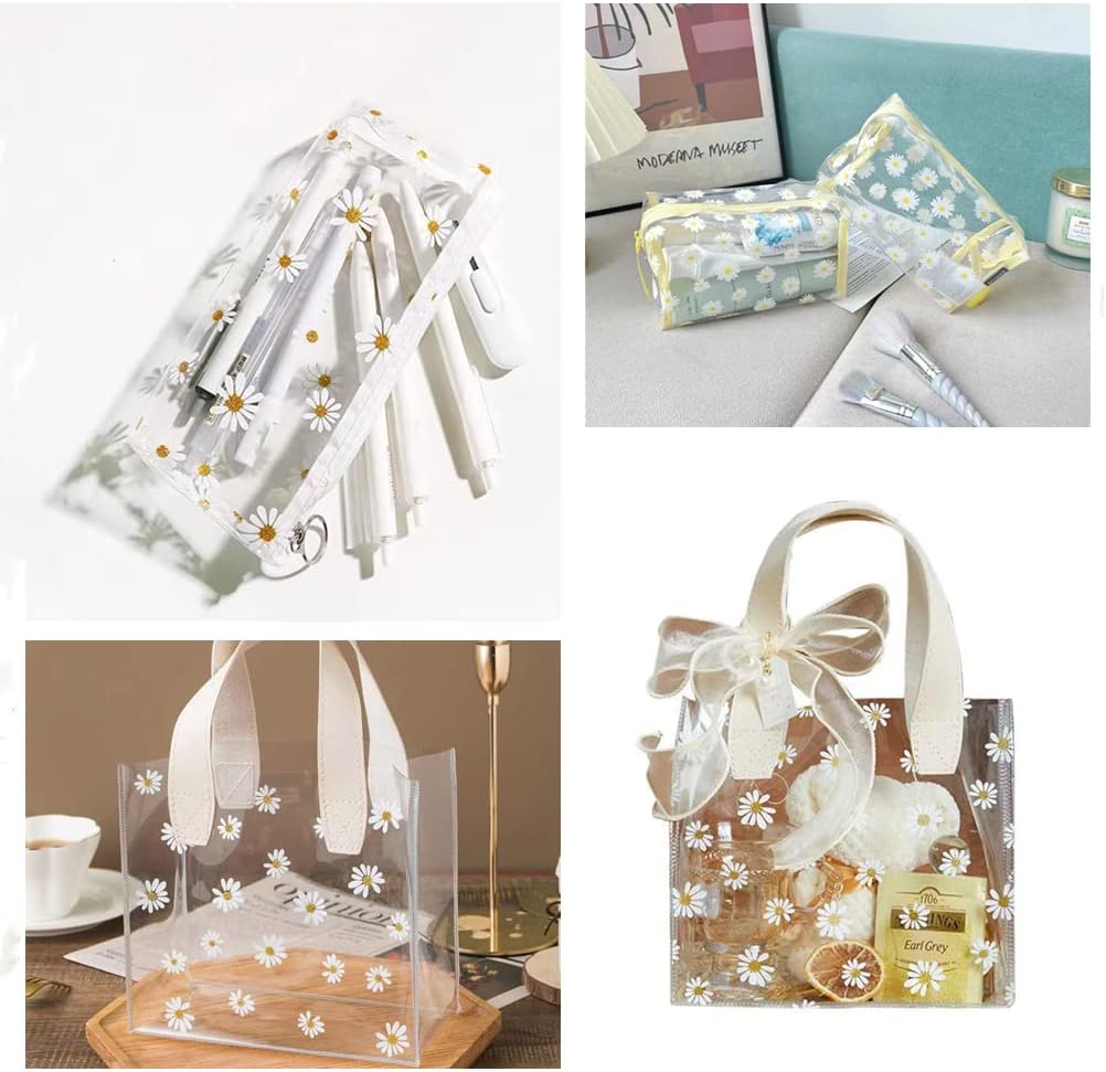 Rollo de piel sintética de PVC transparente de 12 x 53 pulgadas, diseño de margaritas, impermeable, para manualidades, bolsas de cosméticos, bolsas
