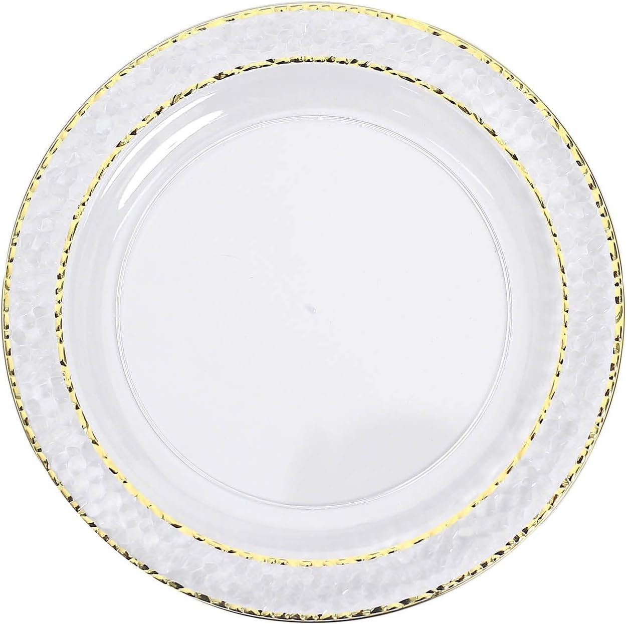 Efavormart – Paquete de 10 platos llanos de plástico martillado transparente de 10 pulgadas con borde dorado