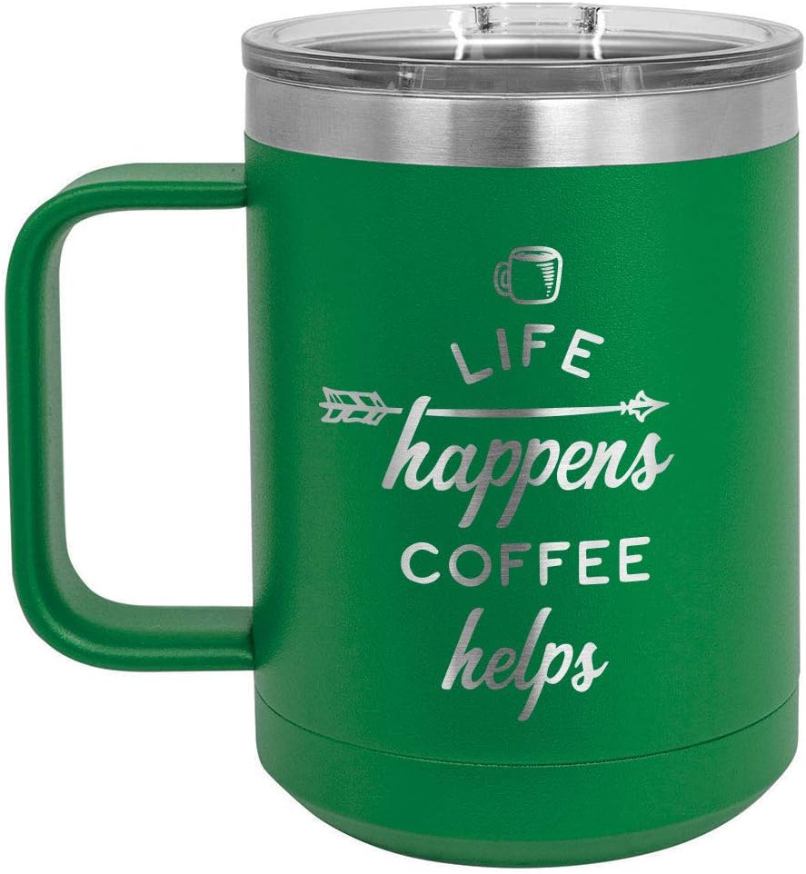 ONLYGIFTS.COM – Taza de café con tapa deslizante (13.0fl oz), diseño con texto en inglés “Life Happens”, Verde