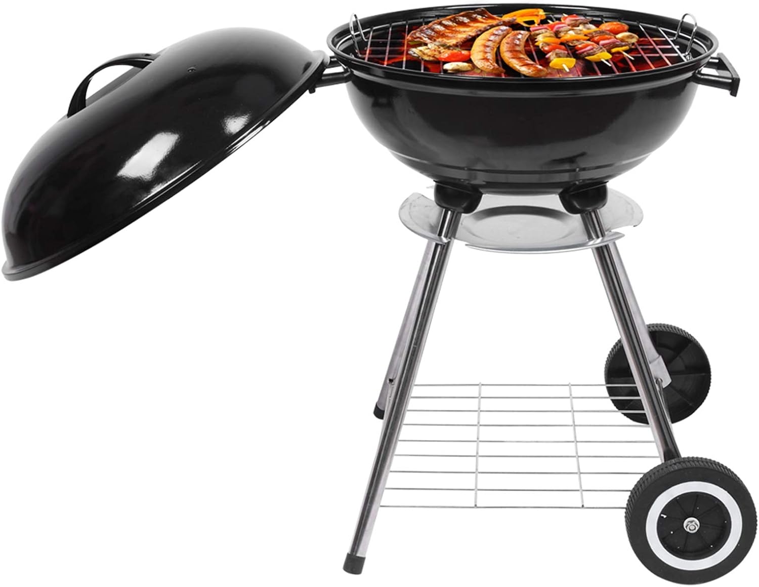 Outvita Parrilla de carbón, carbón de barbacoa de acero inoxidable de 18 pulgadas con ruedas y soporte de almacenamiento para campamento, picnic,