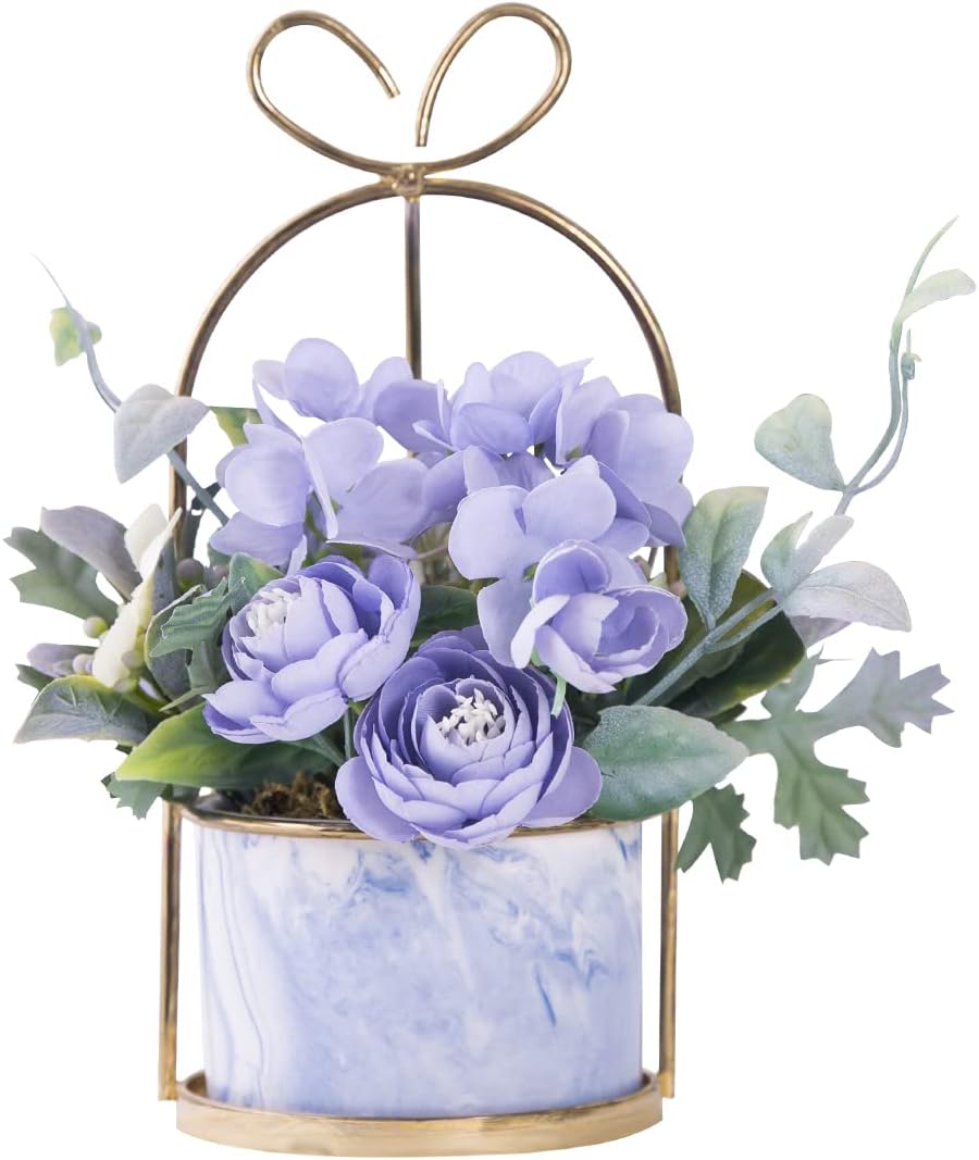 Veryhome Flores artificiales, hortensias con jarrón de cerámica, flores falsas, plantas colgantes en macetas para decoración de boda, hogar, oficina
