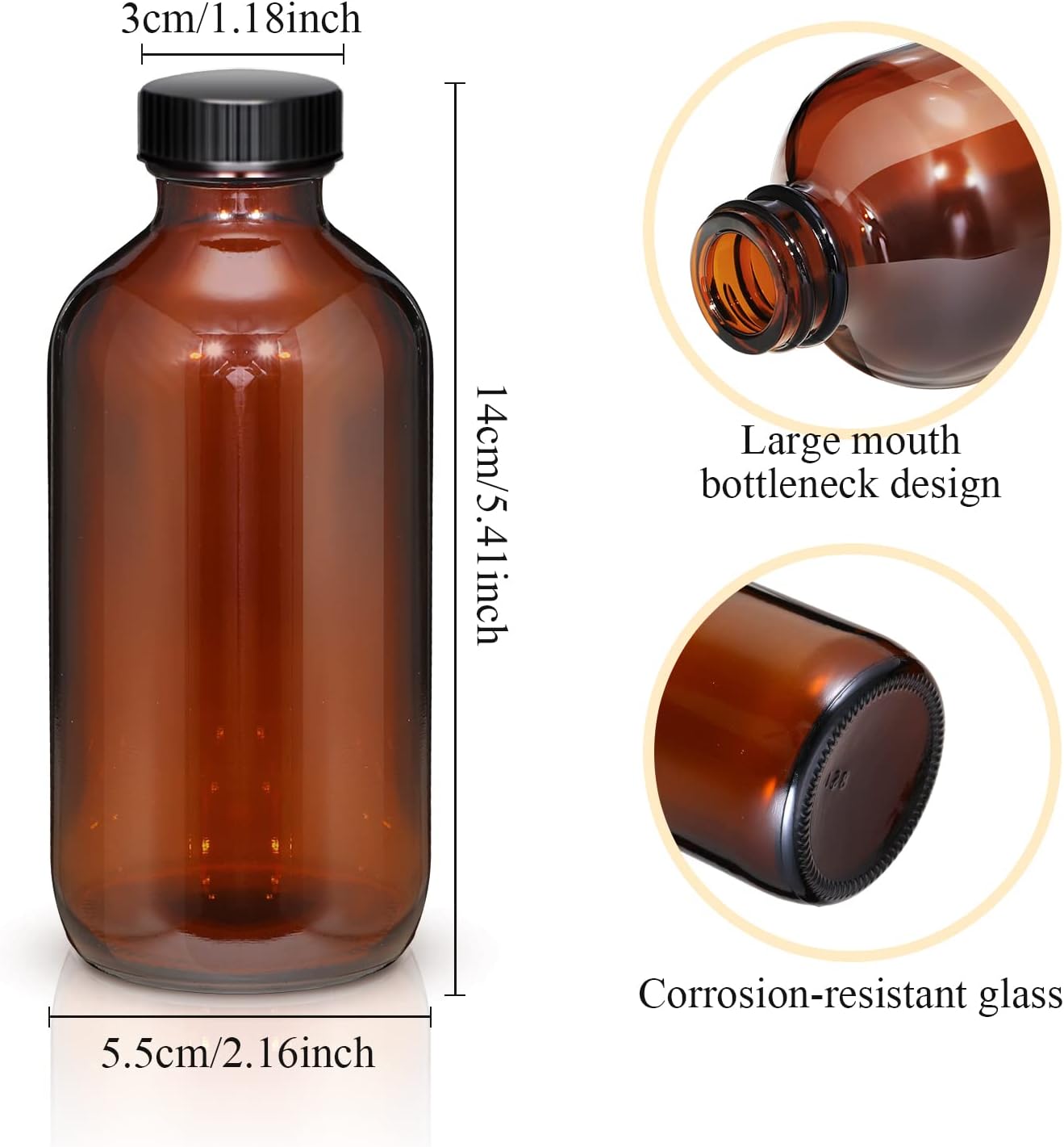 Nuenen Paquete de 16 vasos redondos de 8 onzas con tapa de cono de polietileno negro, botella de vidrio ámbar marrón para extracto de vainilla