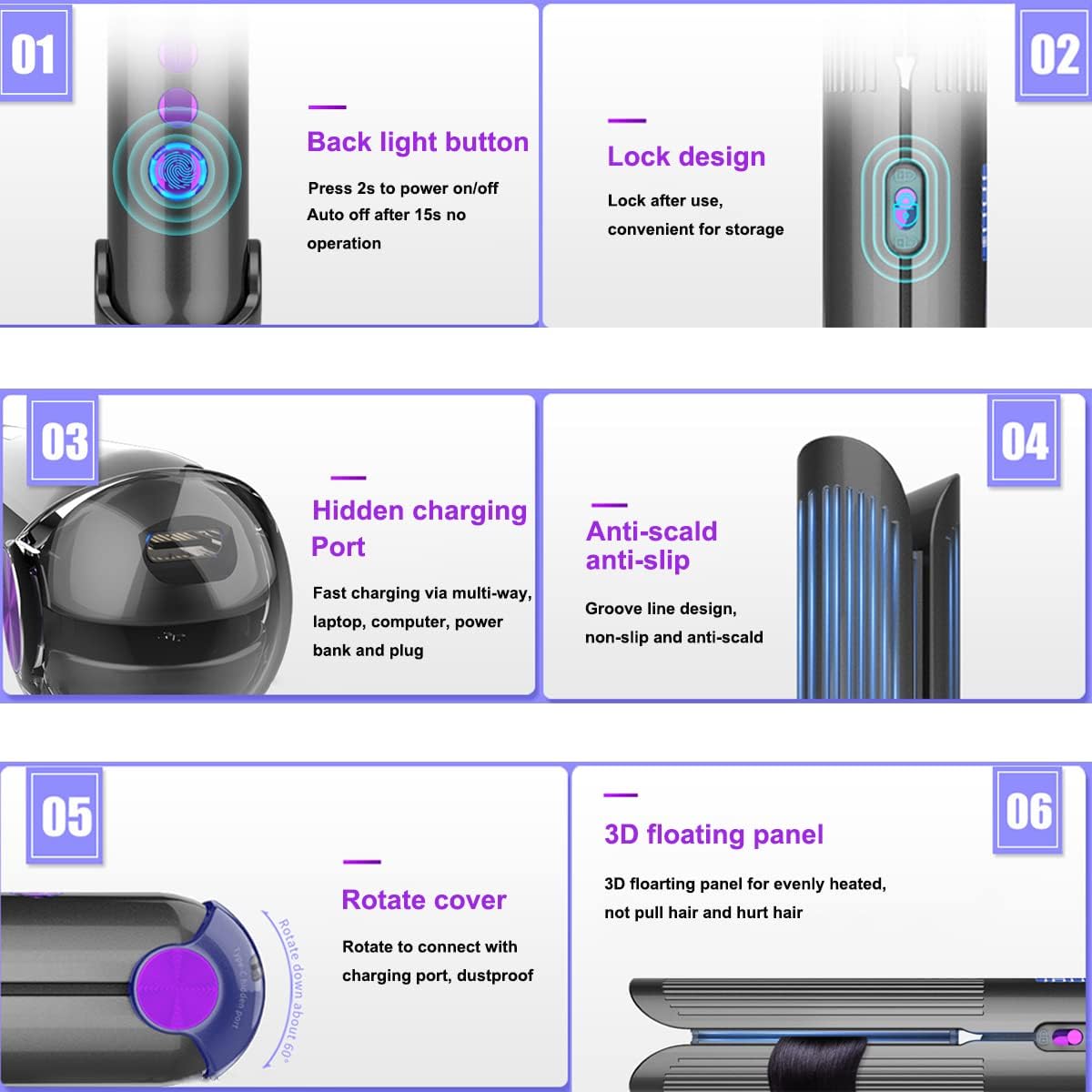 ABHI Planchas y rizadores de pelo iónicos 2 en 1 con 8 niveles de temperatura, ondas grandes, peinador de viaje, USB-C tipo C, recargable,