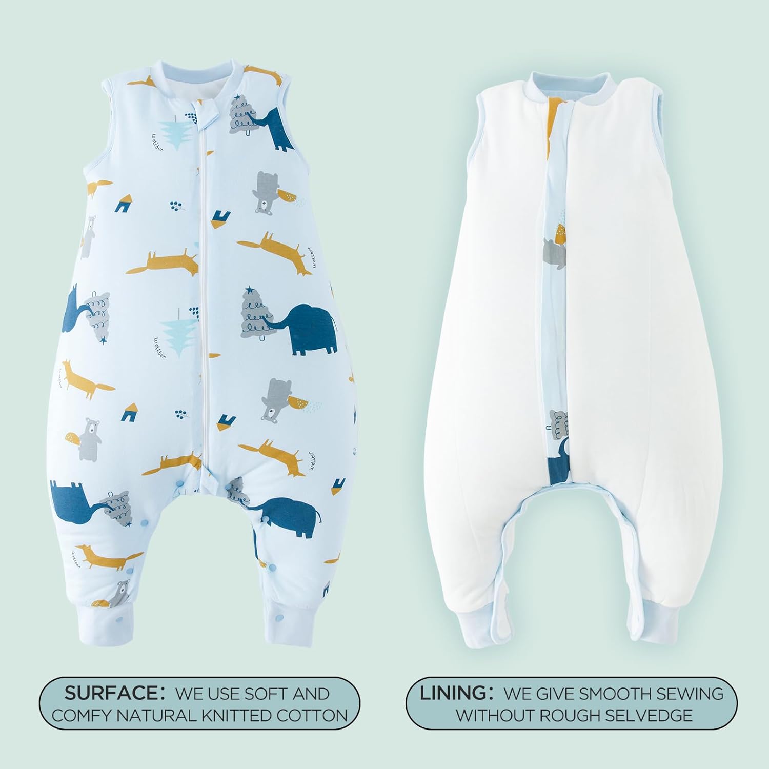 Duomiaomiao 1.5 TOG – Saco de dormir para niños de 36 a 48 meses, 100% algodón, saco de dormir para bebé de cuatro estaciones con pies, manta