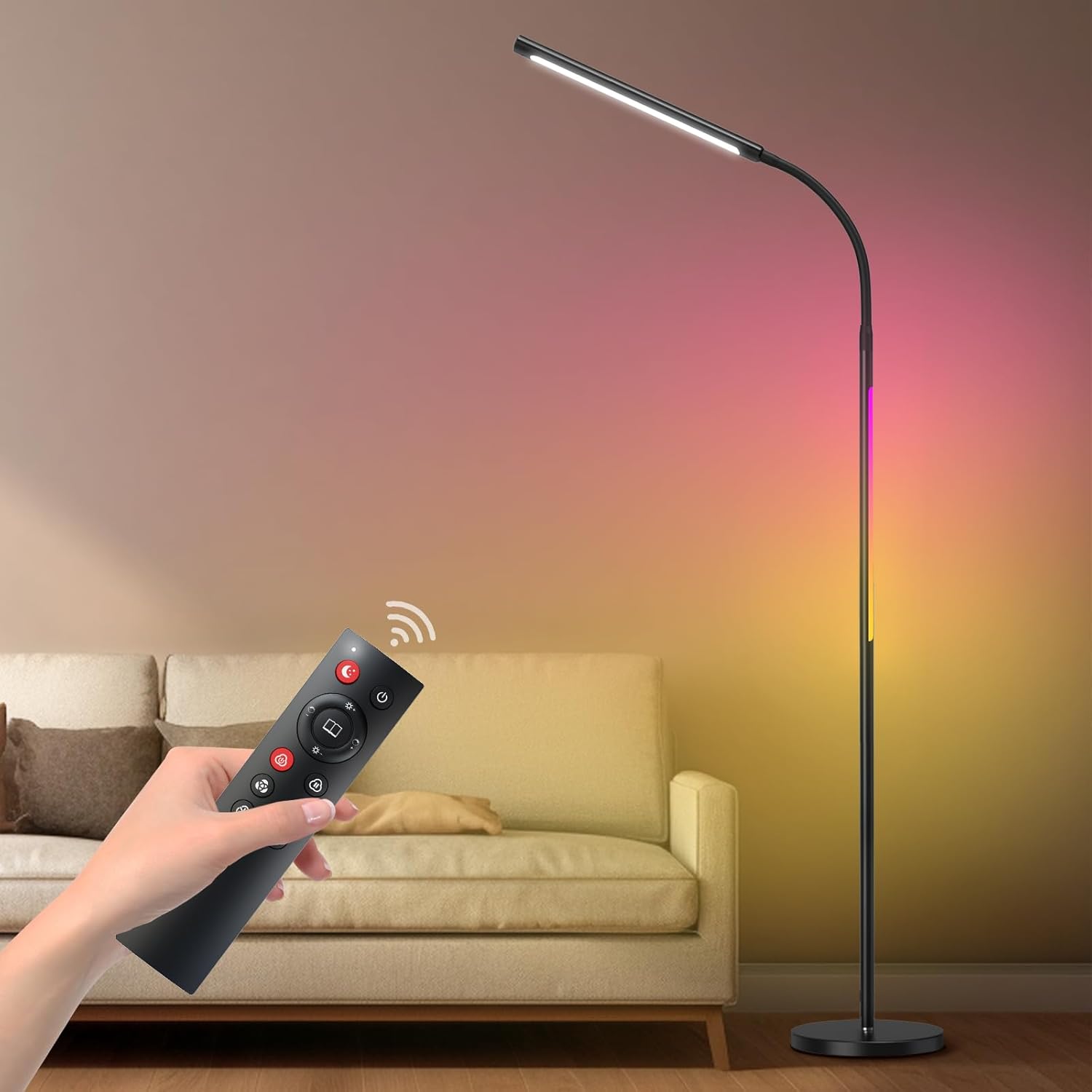 Lámpara de pie LED, 15 W regulable brillante lectura y luz de ambiente RGB, 4 temperaturas de color, control remoto y táctil, sincronización de