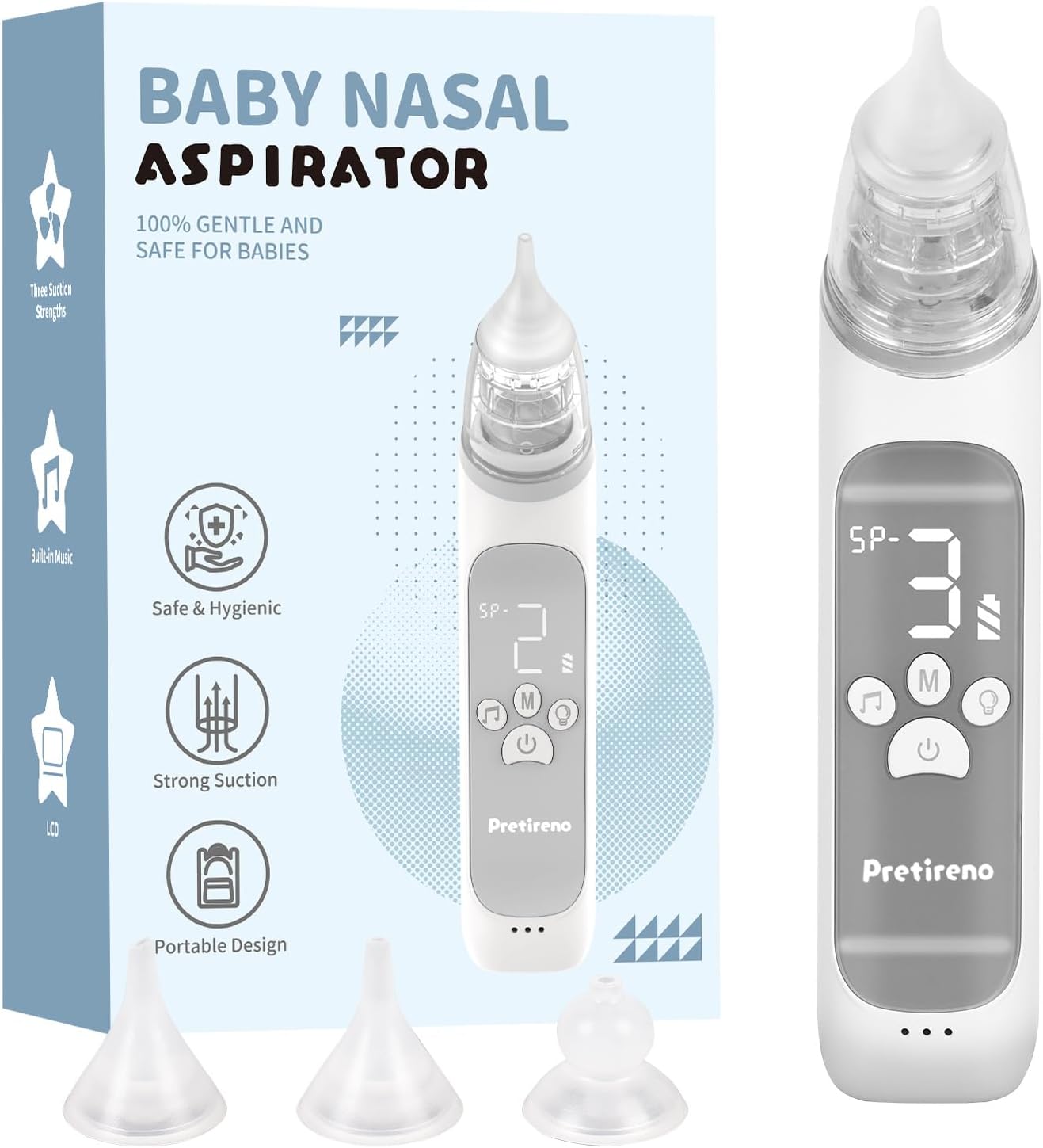 Aspirador nasal eléctrico, chupador de nariz para bebé, limpiador de nariz para niños pequeños con 3 puntas de silicona, 3 niveles de succión,