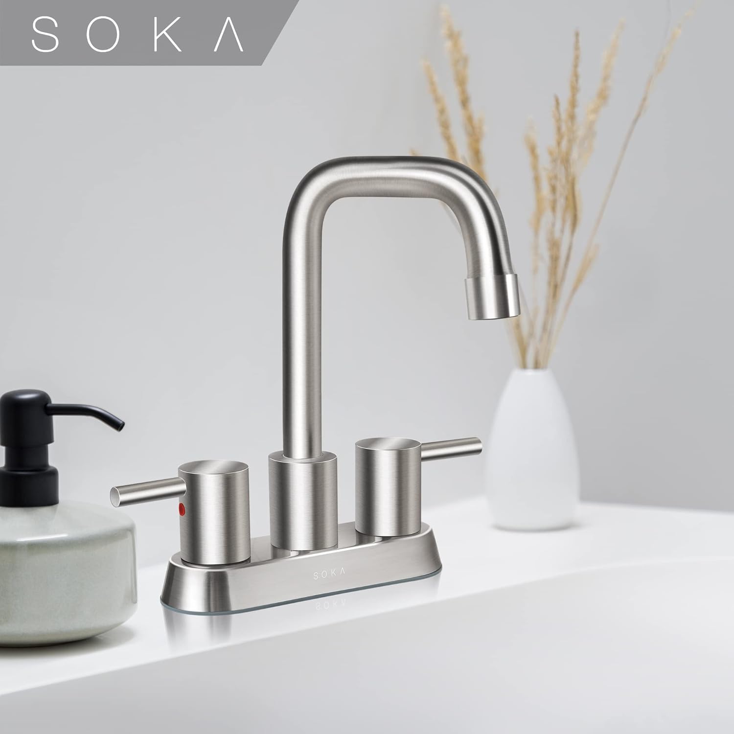 SOKA Centerset – Grifo de baño con 2 asas de 4 pulgadas, fregadero de mano comercial, grifo táctil de 3 agujeros, níquel cepillado, palanca L