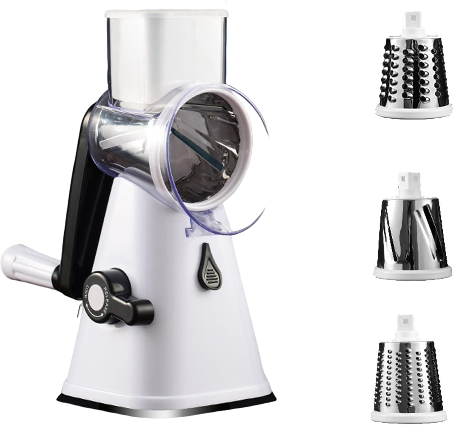 Camidy Rallador de queso giratorio de mano – 3 cuchillas de tambor intercambiables de acero inoxidable manual redondo cortador de verduras molinillo
