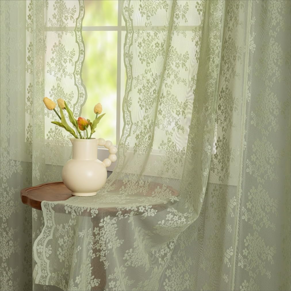 Cortinas de encaje verde salvia de 63 pulgadas de largo para dormitorio, 2 paneles, elegantes cortinas bordadas semitransparentes para sala de