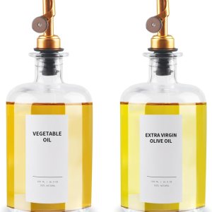 Juego de regalo dispensador de aceite y vinagre, 2 elegantes botellas de vidrio de 16.9 onzas, 2 vertedores dorados, embudo para llenar fácilmente Juego de regalo dispensador de aceite y vinagre, 2 elegantes botellas de vidrio de 16.9 onzas, 2 vertedores dorados, embudo para llenar fácilmente