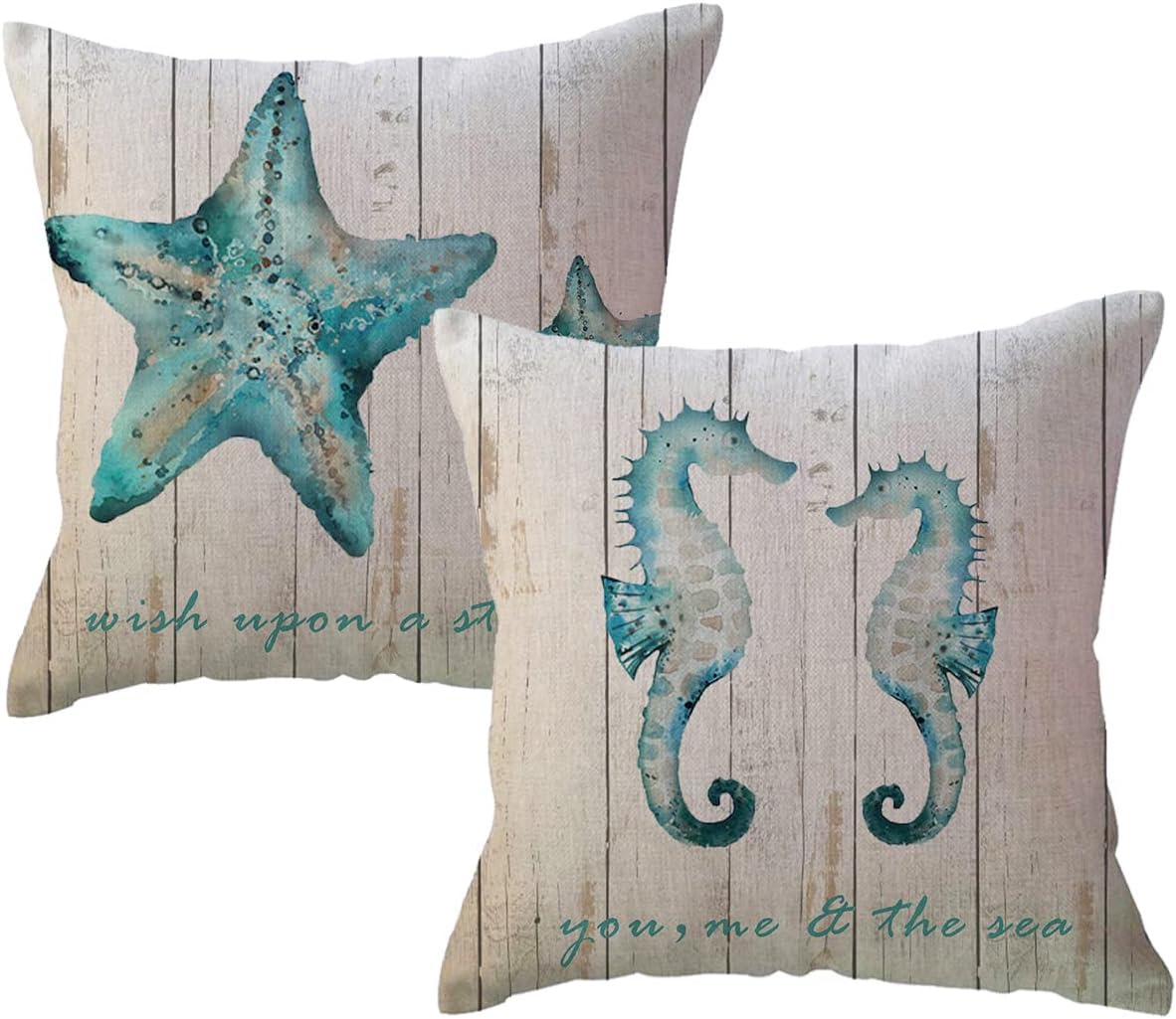 Fundas de almohada con temática de océano de verano, diseño de estrellas de mar de grano de madera, hipocampo con citas, fundas de almohada