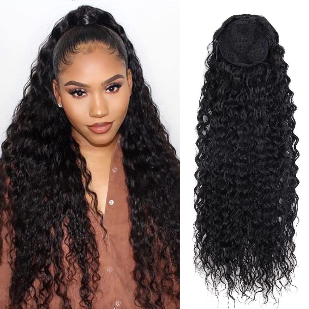 Extensiones de cola de caballo rizadas de 24 pulgadas, cabello sintético de onda profunda con cordón para mujeres negras, sensación de cabello
