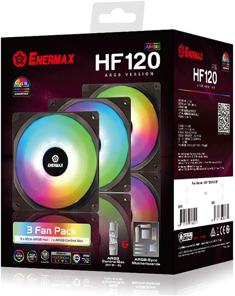 Enermax Ventilador de caja HF120 RGB PWM de 4.724 in, sincronización RGB direccionable a través de placa basecaja de control, paquete de 3