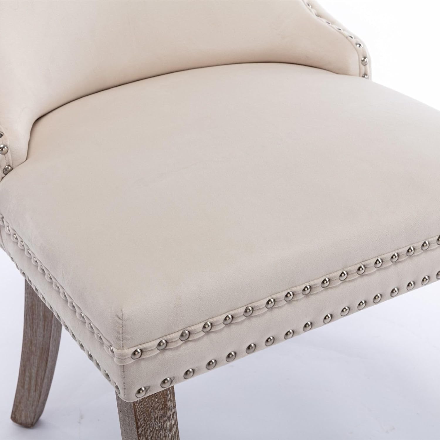 FRITHJILL Silla de comedor tapizada de terciopelo con respaldo de ala y patas de madera marrón, decoración de remaches, silla auxiliar moderna de