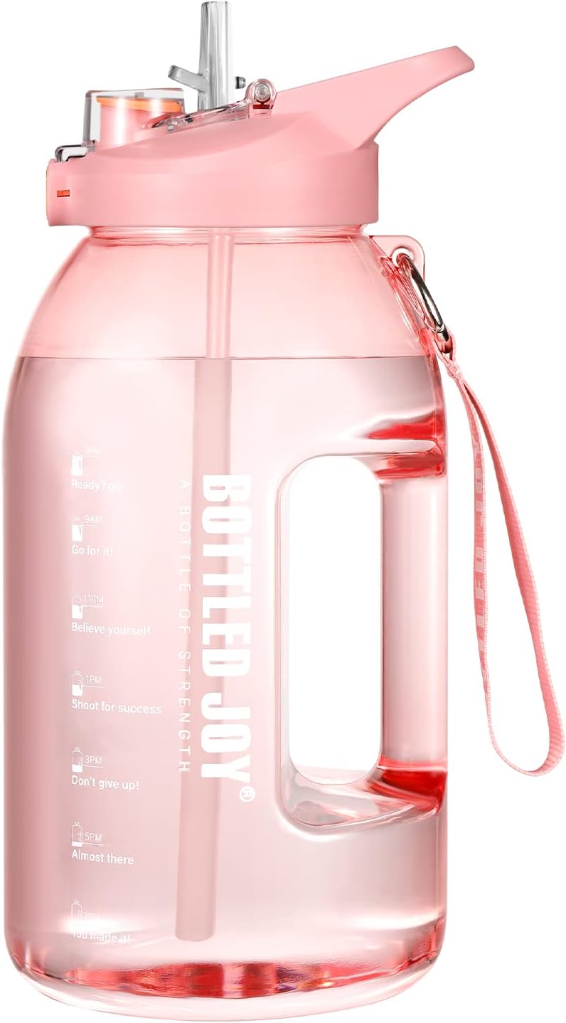 JIMACRO Botella de agua 2 en 1 con popote y tapa para beber, botella de agua deportiva BOTTLED JOY de 2.5 litros con marcas de tiempo y boca ancha,