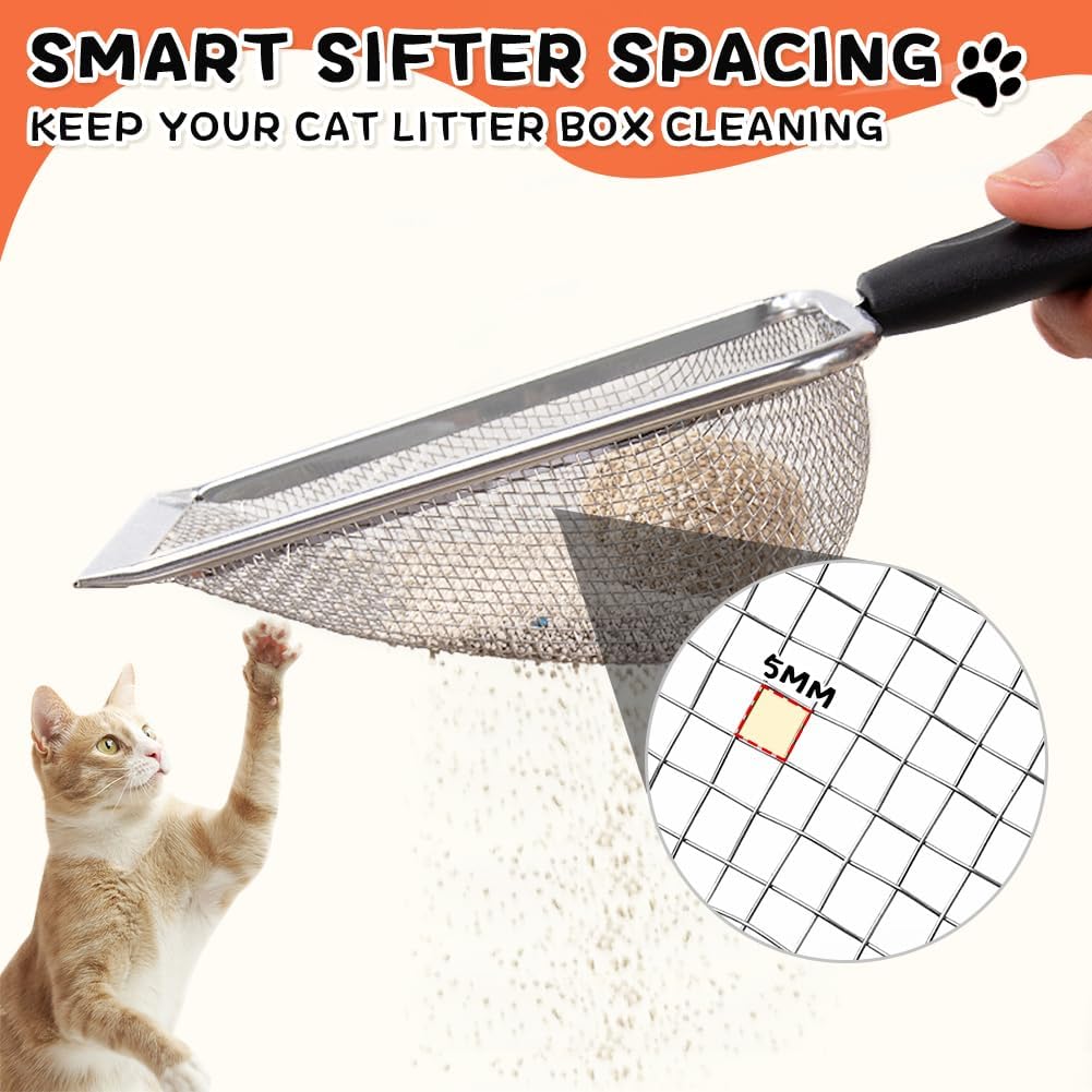 Cuchara de arena para gatos, pala de arena de malla de acero inoxidable, pala profunda, pala de esquina confiable para limpiadores de arenas, pala