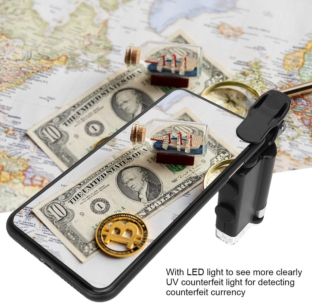 Microscopio de clip 60-100X con luz LED, lupa portátil, lupa de bolsillo con lente de aumento de bolsillo para teléfonos móviles universales,