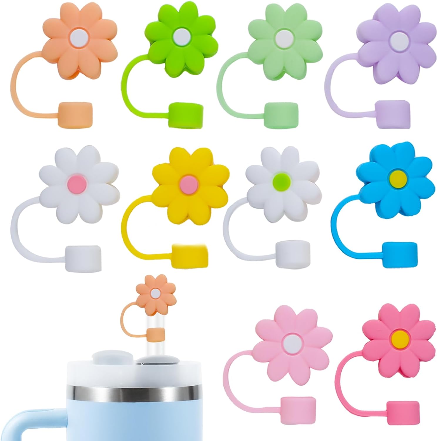 10 fundas de paja de silicona con diseño de flores para copa Stanley, fundas reutilizables para popotes compatibles con Stanley de 30 y 40 onzas,