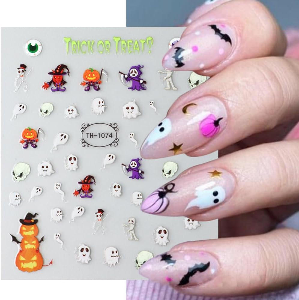 Calcomanías para uñas de Halloween, 6 hojas de calcomanías de uñas de fantasma, 3D, autoadhesivas, calabaza, murciélago, fantasma, cráneo, araña,