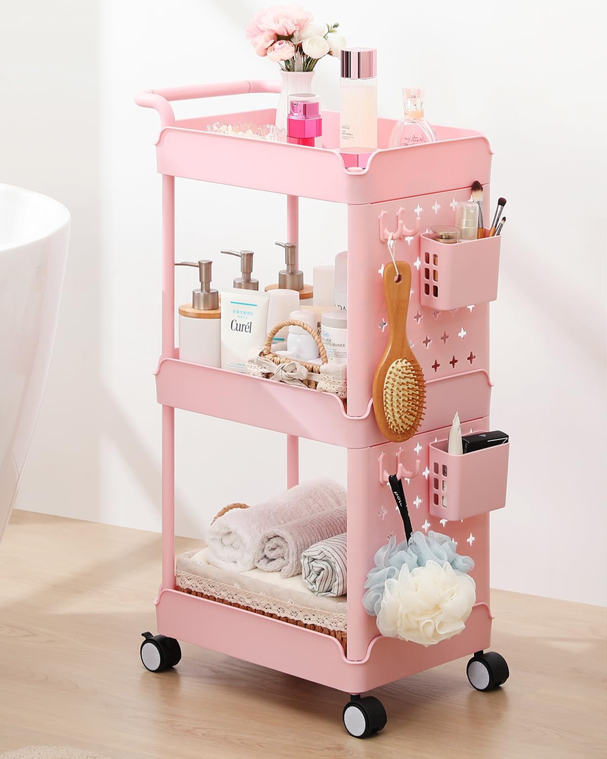 TOOLF Carrito de almacenamiento rodante de 3 niveles, carrito de utilidad con ruedas con cubos y ganchos colgantes de tablero perforado, carrito de