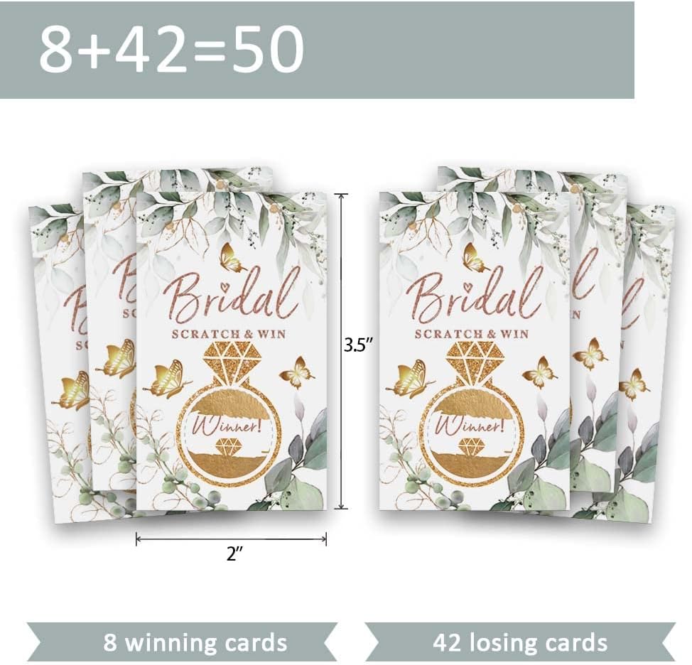 Tarjeta para raspar para despedida de soltera, paquete de 50 unidades, eucalipto dorado mariposa verde jardín, juego de lotería de despedida de