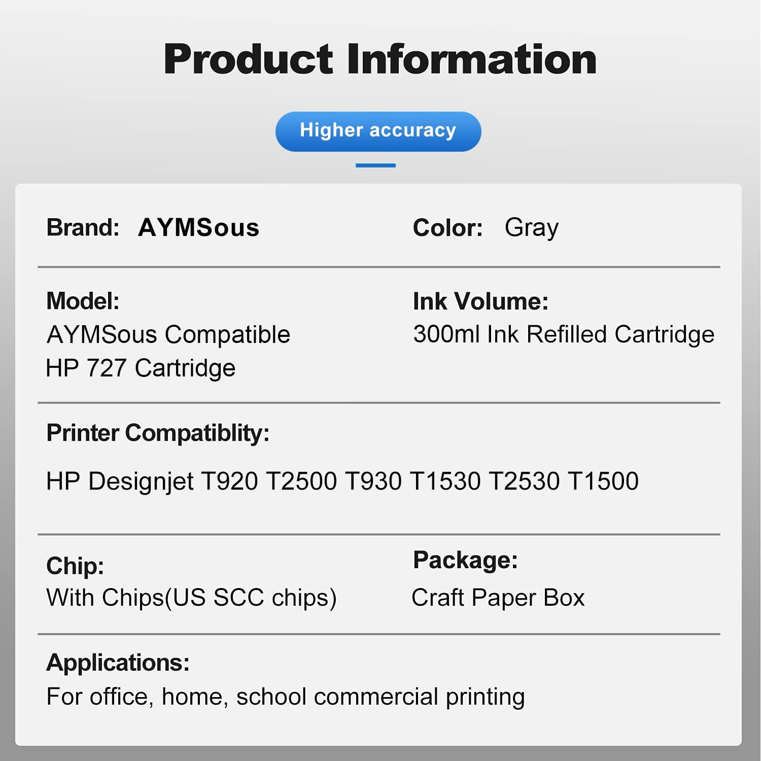 Compatible con HP 727 Gris 300ML Cartucho de tinta remanufacturado de repuesto para HP 727 para HP 727 para HP 727GY para impresoras HP DesignJet