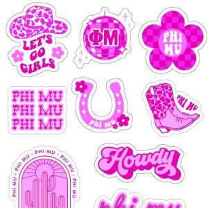 Phi Mu – Hoja de calcomanías de vinilo de diseño occidental con diseños con licencia oficial, adhesivo extraíble, 10 calcomanías por hoja, por Phi Mu – Hoja de calcomanías de vinilo de diseño occidental con diseños con licencia oficial, adhesivo extraíble, 10 calcomanías por hoja, por