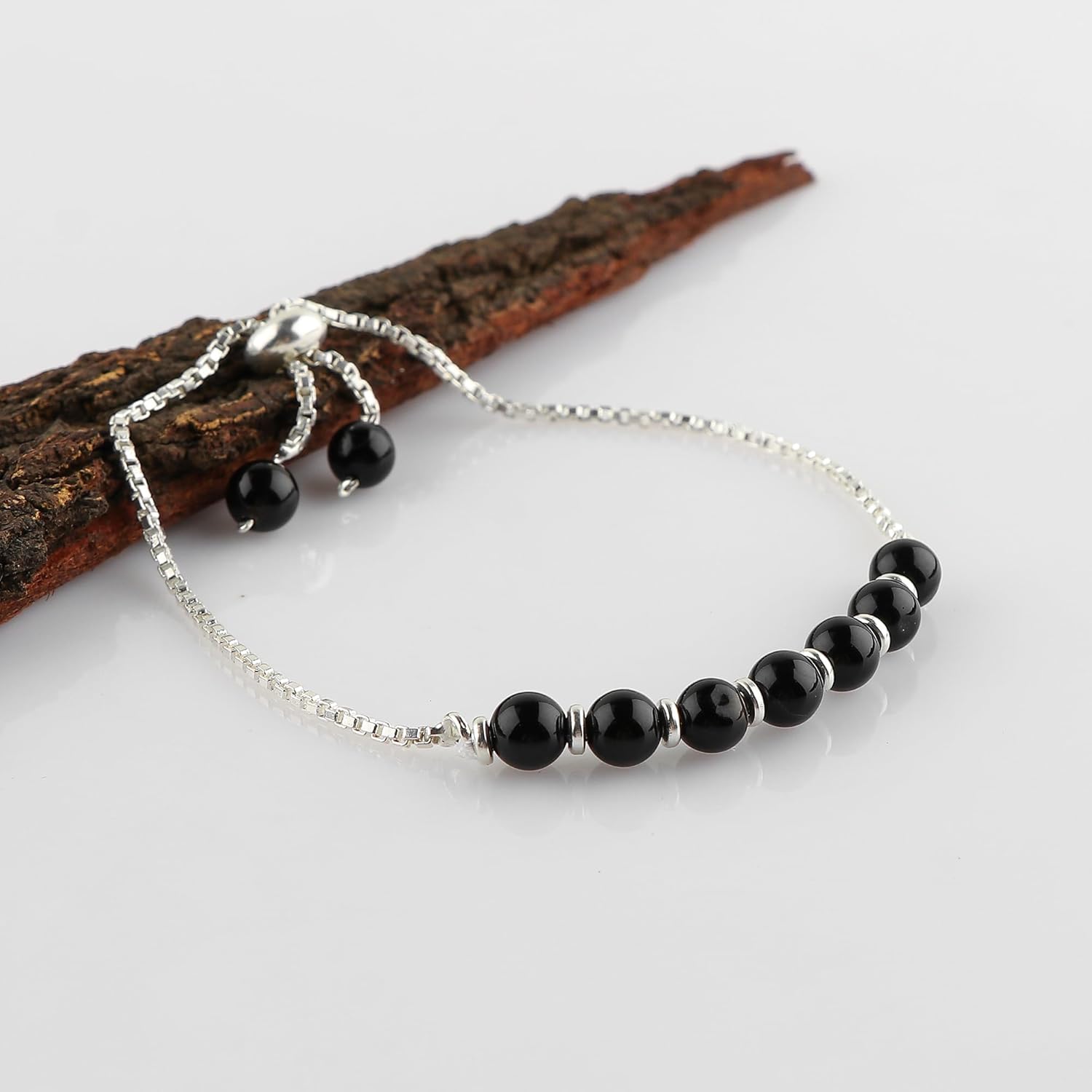 Natural Black Onyx Gemstone Round Beads Bolo Bracelet, Chakra Healing Crystals, Silver Plated, Adjustable Slider, Gift for Women, Birthday, Wedding,
