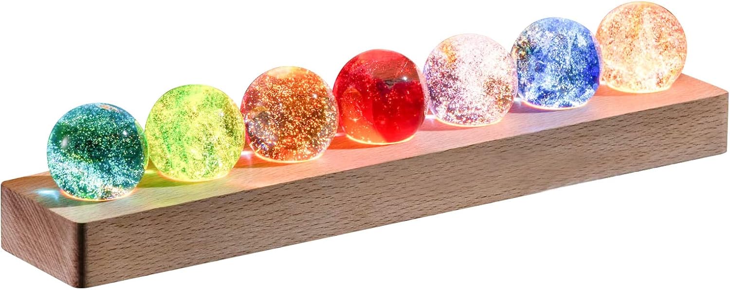 Bola de cristal con base de luces LED de madera, luz nocturna de cristal colorida, 7 bolas de cristal, luces USB decorativas, mesa USB, lámpara de