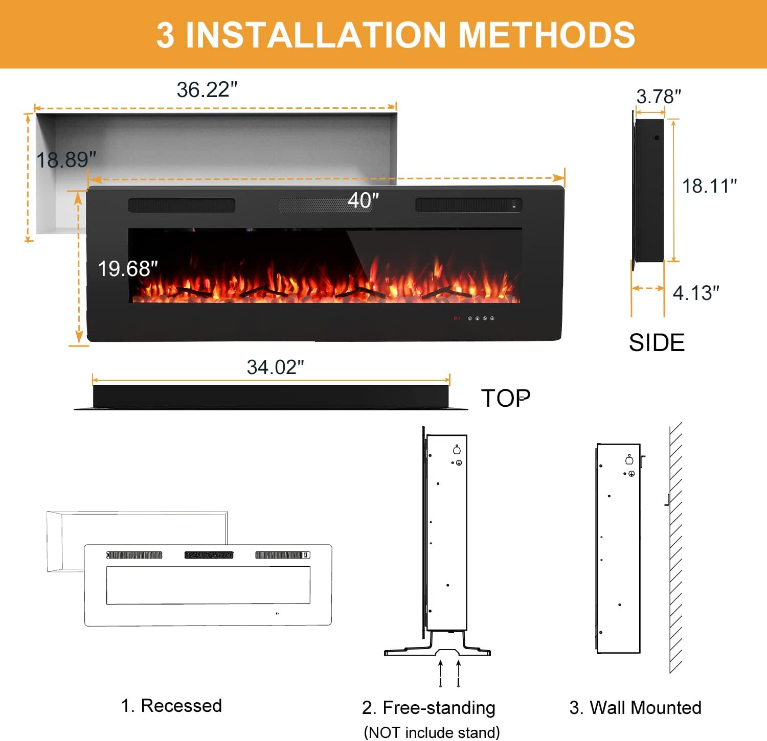 Chimenea eléctrica de 40 pulgadas, calentador de chimenea fresco al tacto, chimeneas empotradas y montadas en la pared con temporizador, control