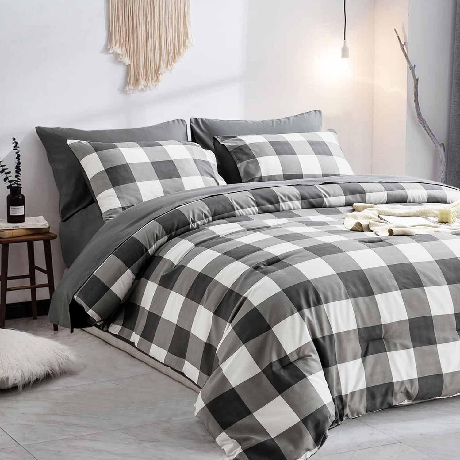 Edredón de tamaño King gris y blanco, juego de ropa de cama de 3 piezas, color gris claro, a cuadros neutros, ligero, para todas las estaciones,
