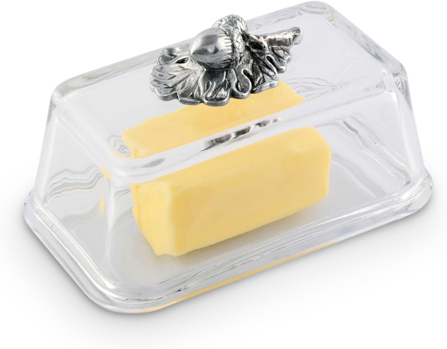 Arthur Court Mantequillera de vidrio con tapa con perilla de bellota, diseño clásico de 2 piezas, tapa y sostiene un palo estándar de mantequilla,