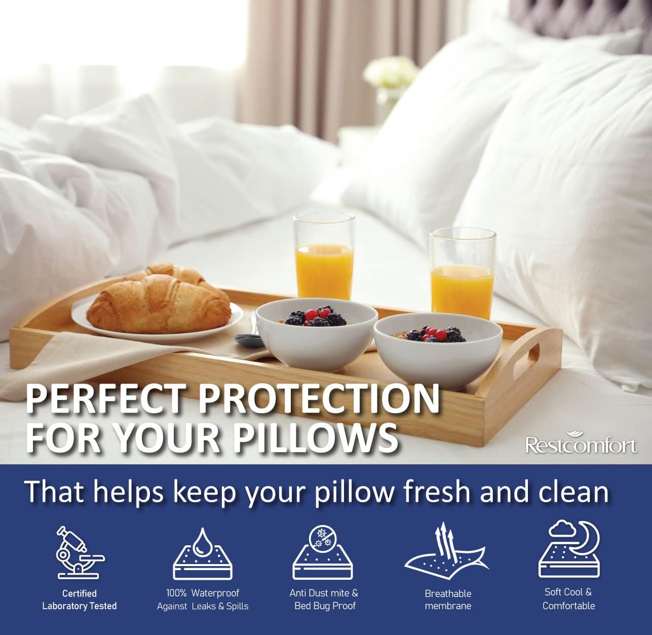 Juego de 2 protectores de almohada de algodón con cremallera, impermeable, a prueba de alérgenos, protección a prueba de chinches, hipoalergénico,