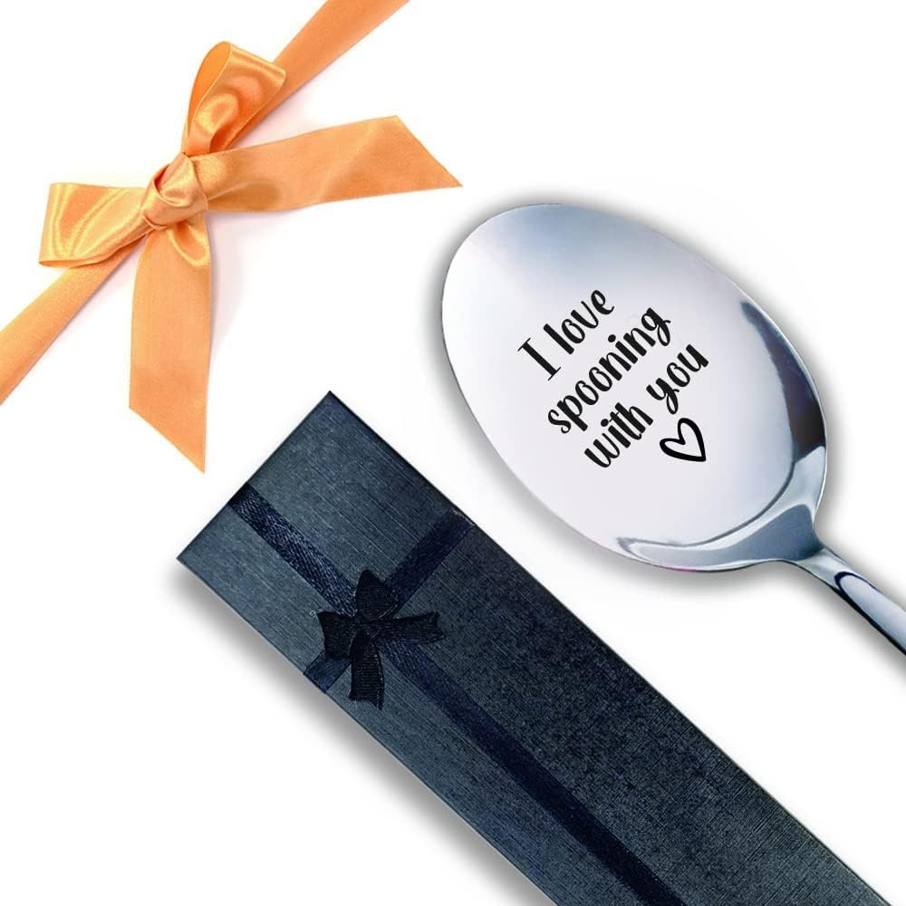 I love spooning with you Cuchara de acero inoxidable grabada para café, té, cereales, helado, regalo grabado para élella, mango resistente de 7
