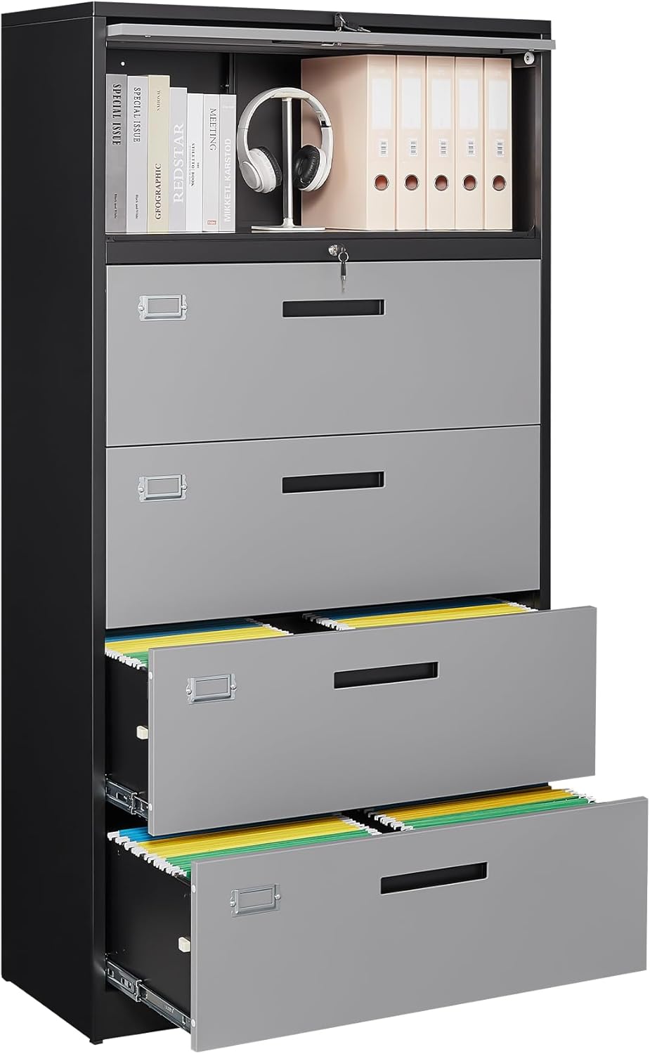 BYNSOE Archivador lateral con 4 cajones y 1 compartimento de almacenamiento, archivador de metal con cerradura, archivador de oficina para el hogar,