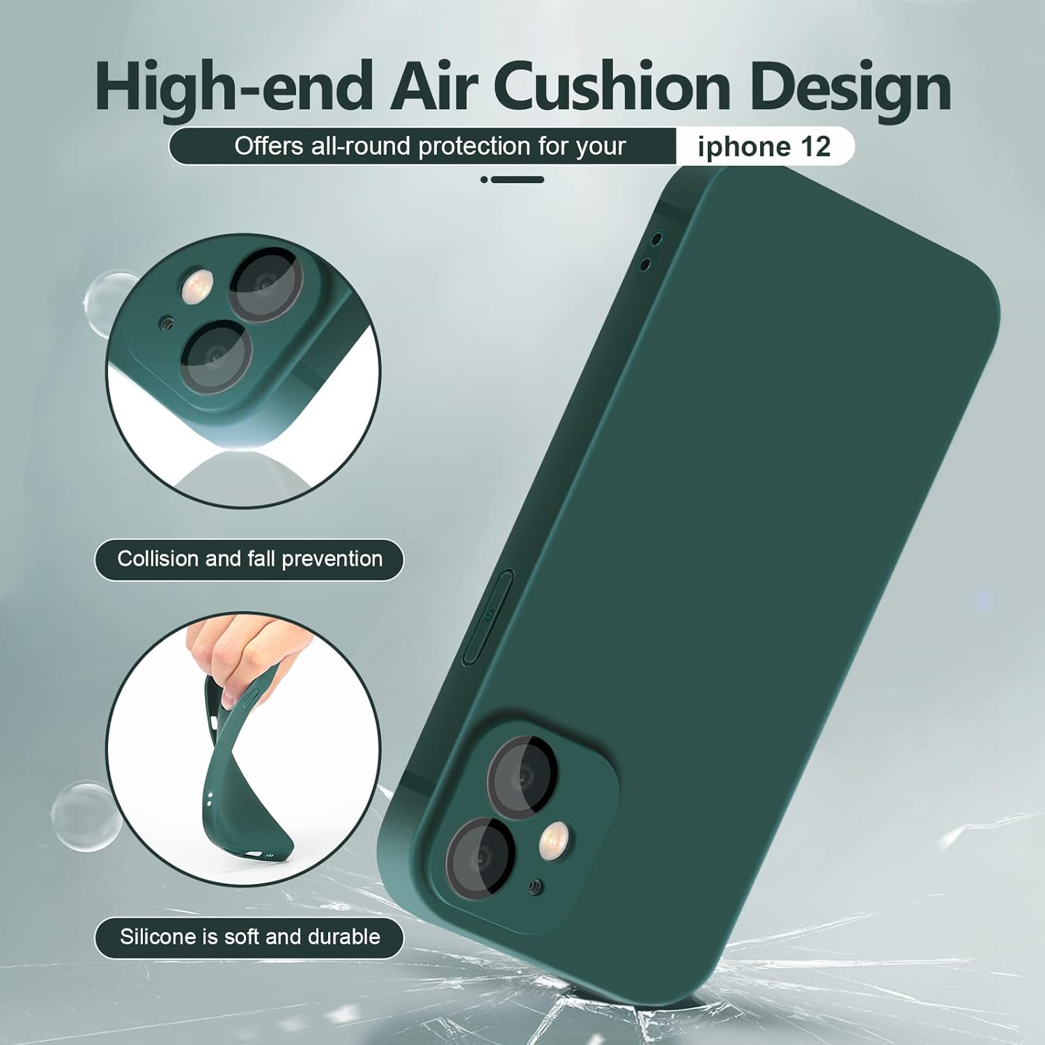 YZR Funda de silicona para iPhone 12 de 6.1 pulgadas, protección individual para cada lente, funda de silicona líquida con forro de microfibra