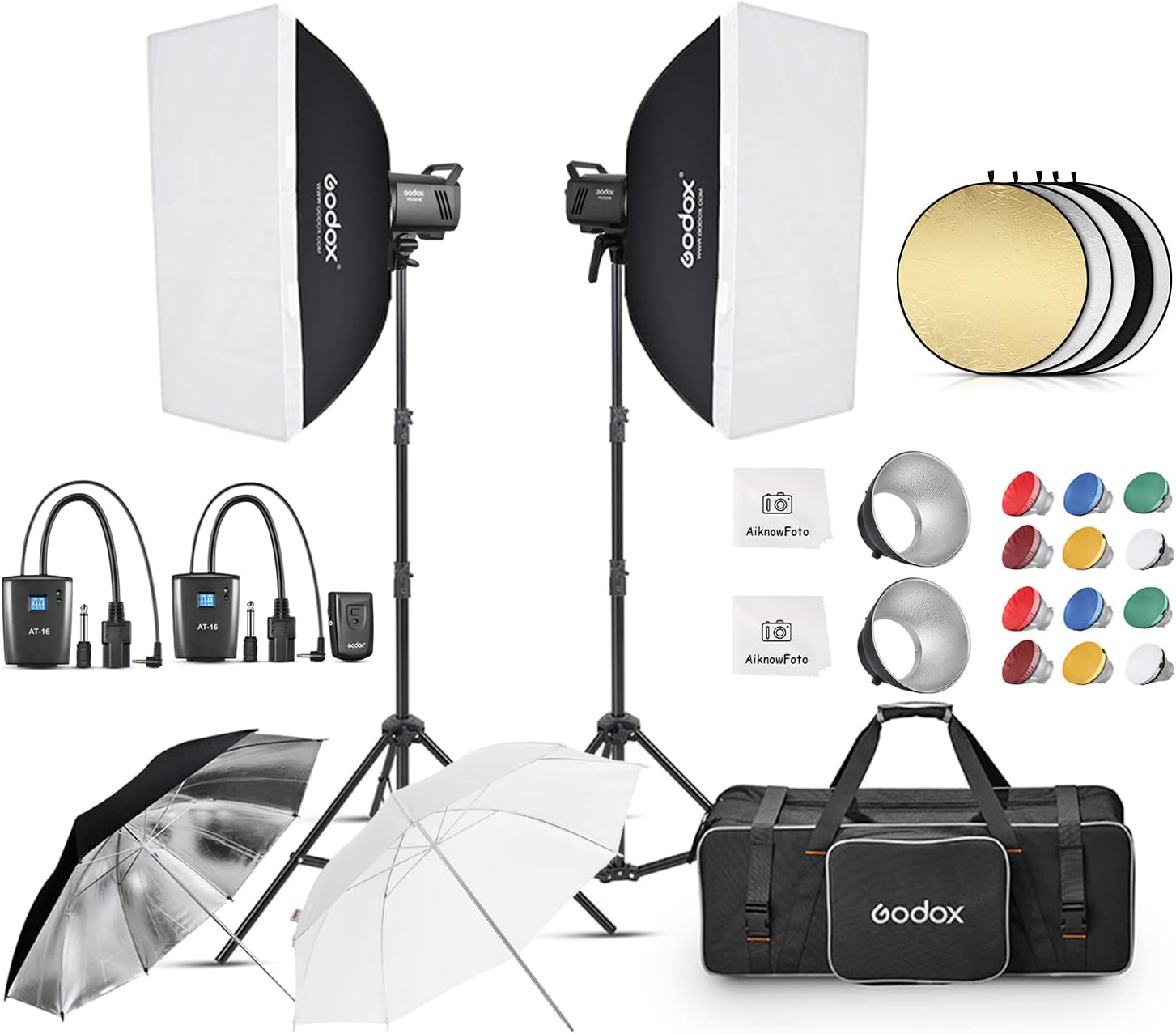 Godox Juego de 2 luces estroboscópicas MS300V 600W para estudio, 2.4G Bowens Mount Lighting Flash GN58 5800K con disparador AT-16, soportes de luz,