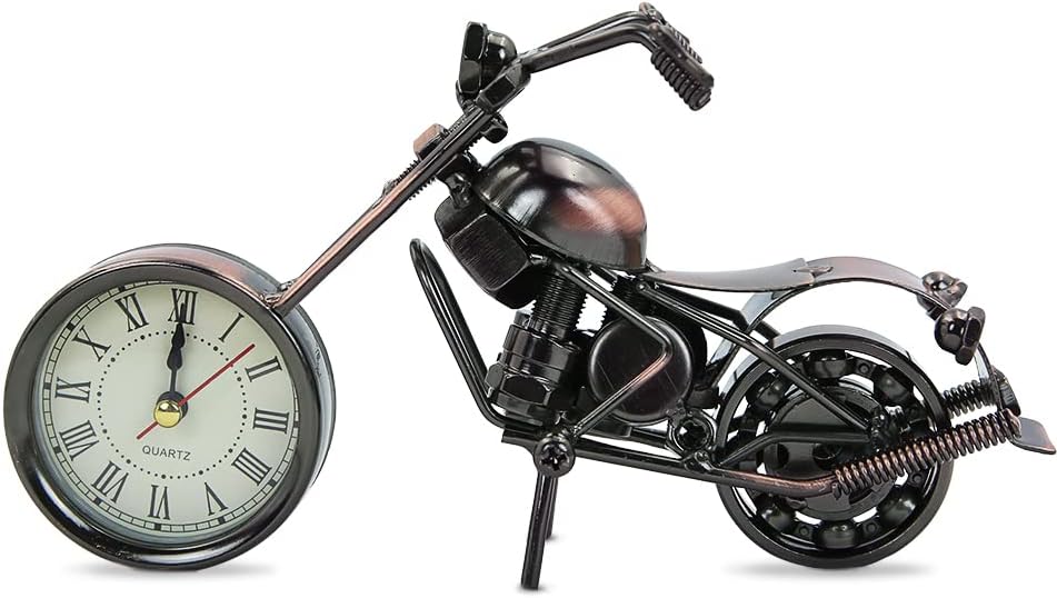 Winterworm Modelo creativo de motocicleta con reloj, adorno de metal de hierro, figura de motocicleta de bronce retro para el día del padre,