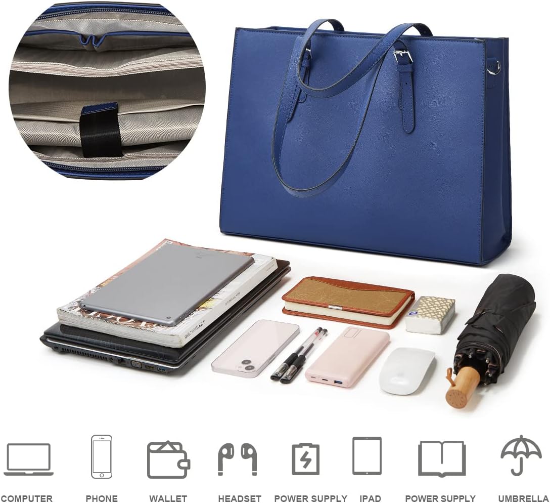 Bolsa para laptop de 15.6 pulgadas para mujer, bolsa de mano de cuero con clase, maletín para computadora para el trabajo, bolso impermeable, juego