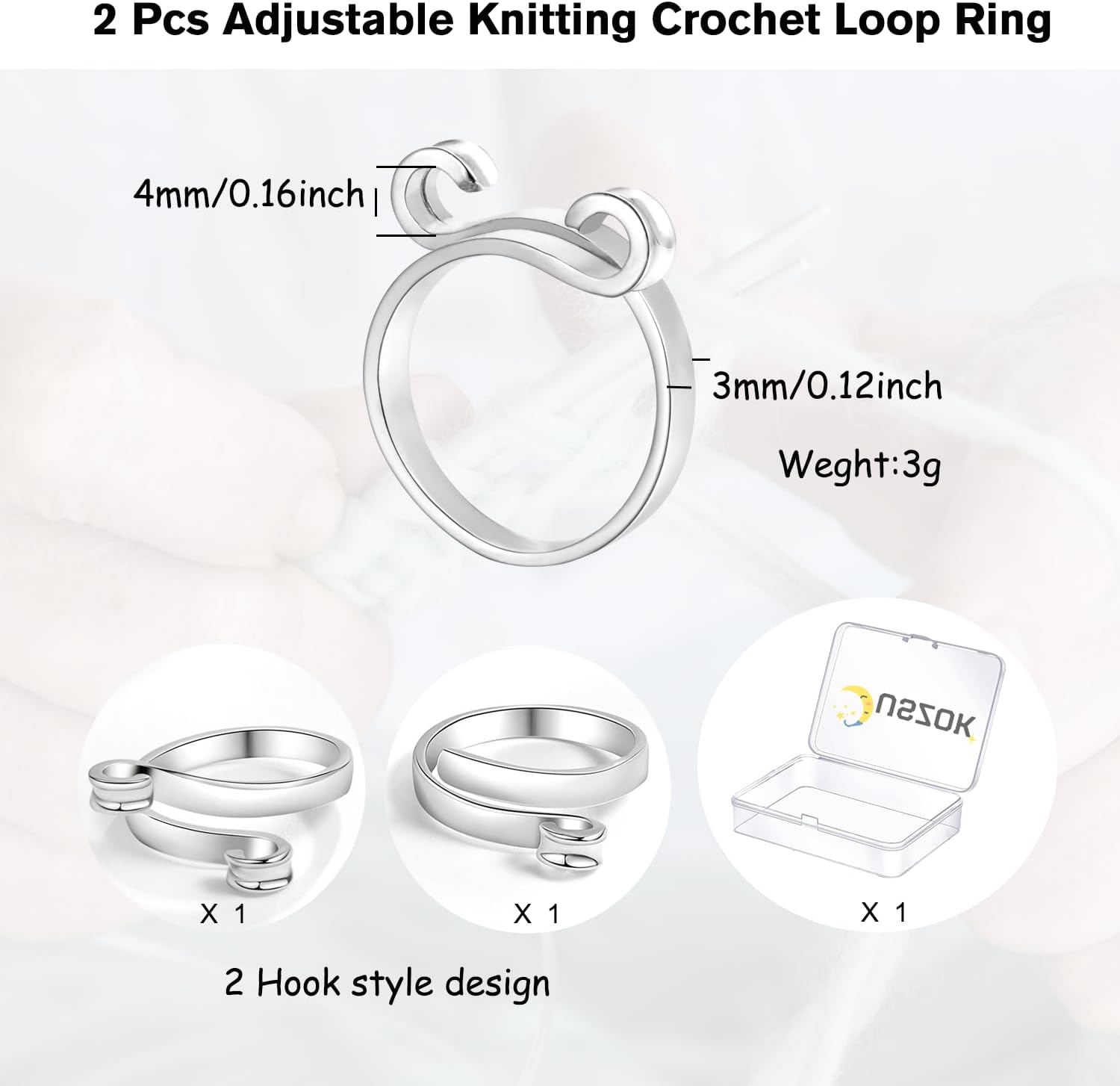 Juszok Anillo de ganchillo ajustable para dedo, anillo de tejer trenzado con caja de plástico, anillos de tensión para tejer, accesorios de tejer, 2